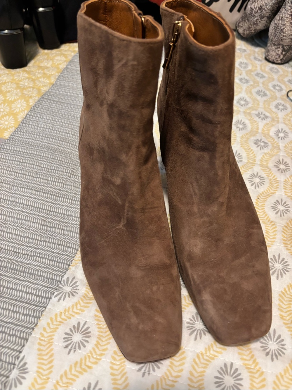 J. McLaughlin Brown Suede Square-Toe Ankle Booties with Side Zip